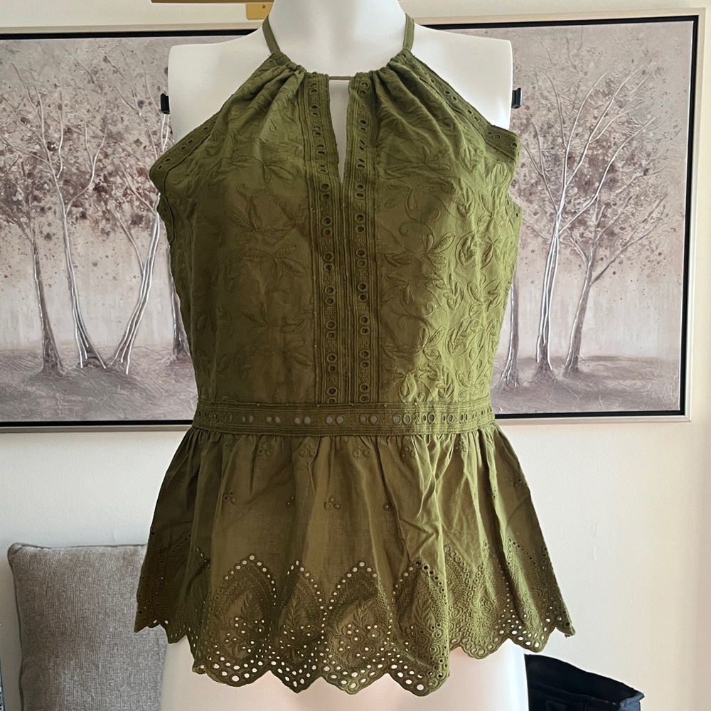 Olive Eyelet Halter Peplum Camisole Top
